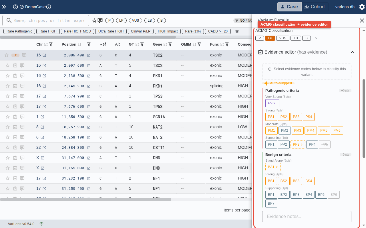 ACMG evidence editor with criteria selection