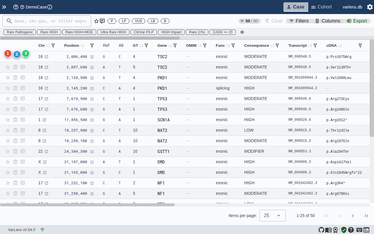 Annotation features: stars, ACMG classification, and comments
