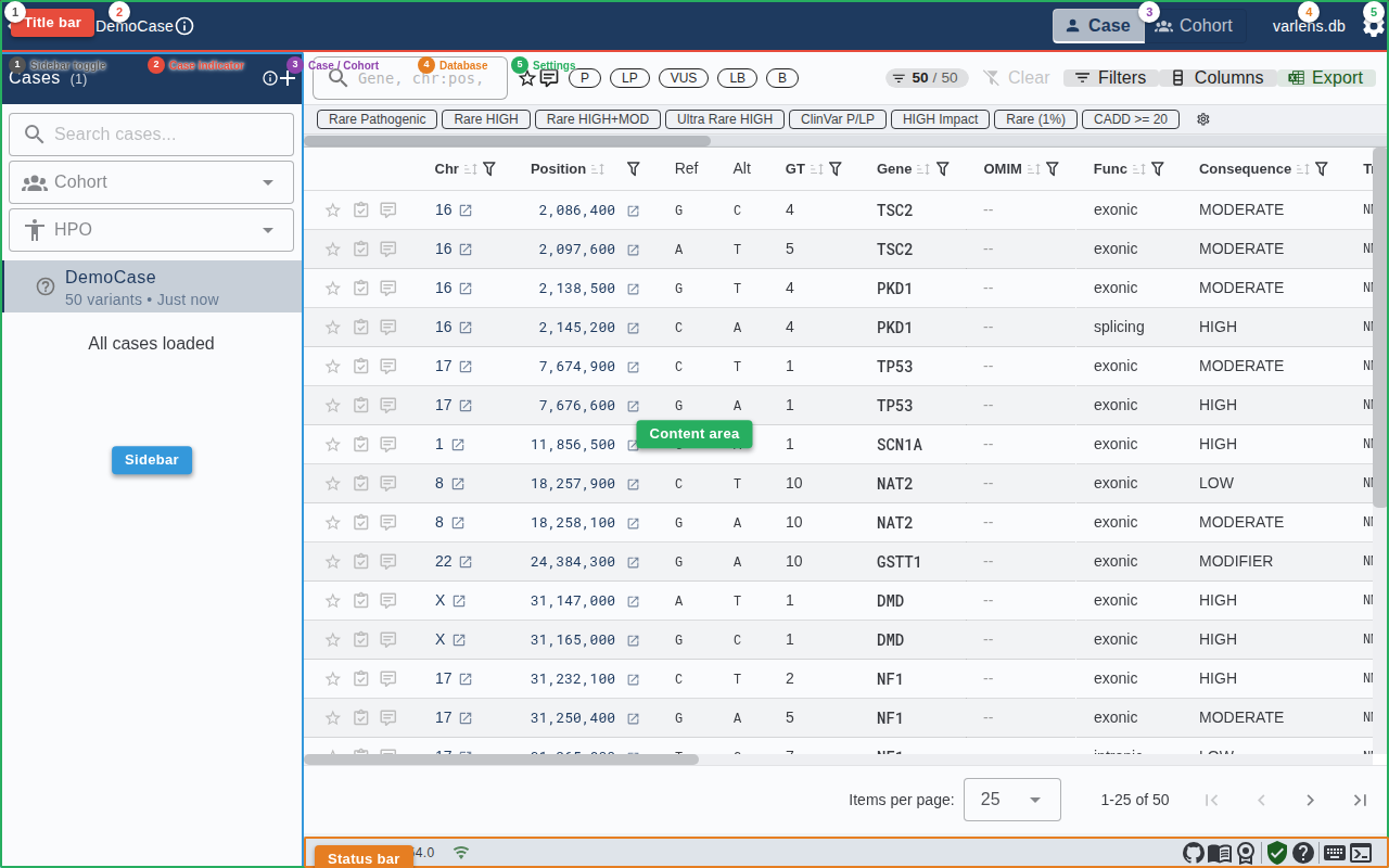 VarLens app layout with labeled regions