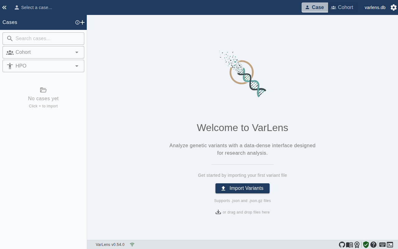 VarLens after first launch — ready to import variant data