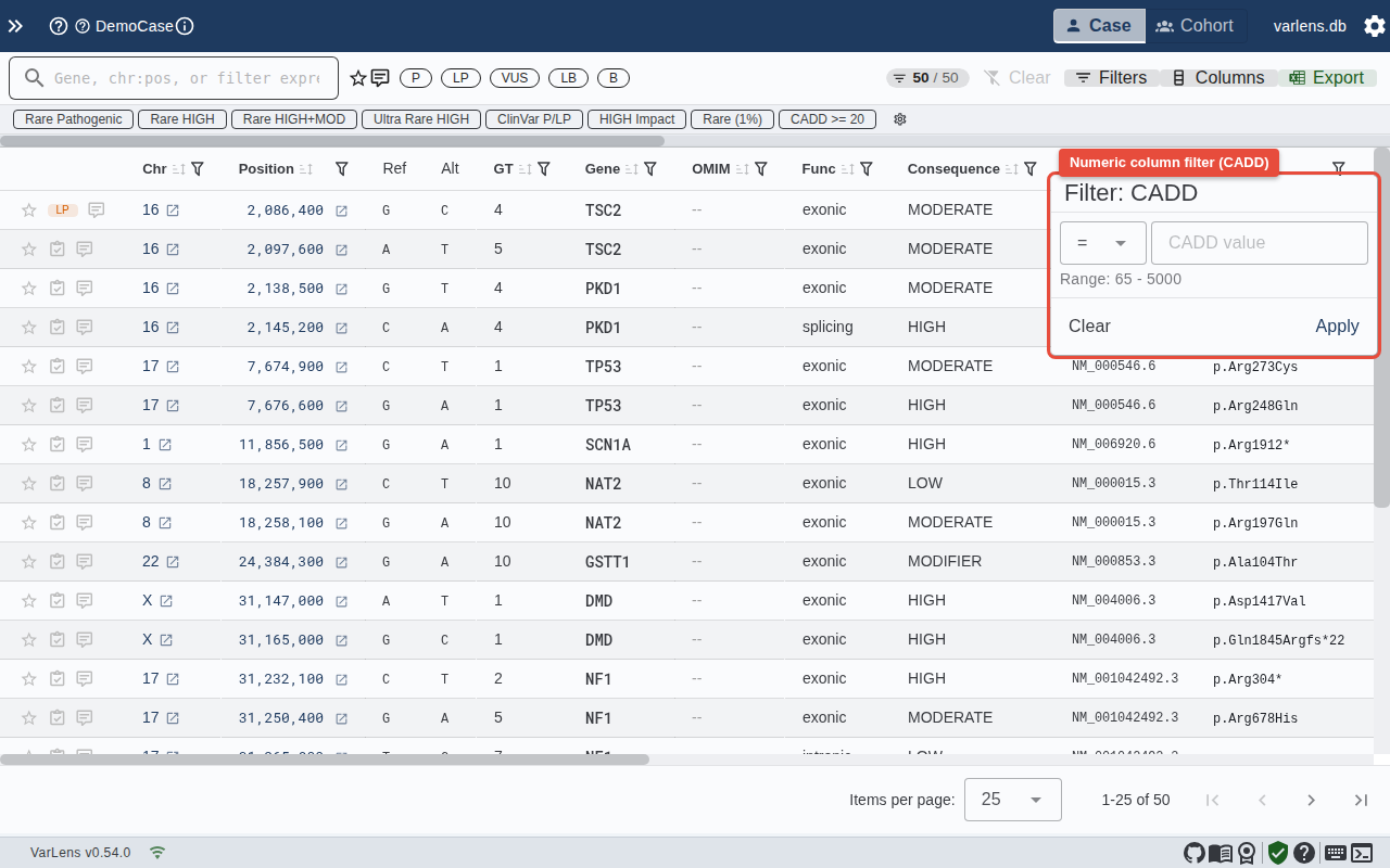 Numeric per-column filter with operator and presets