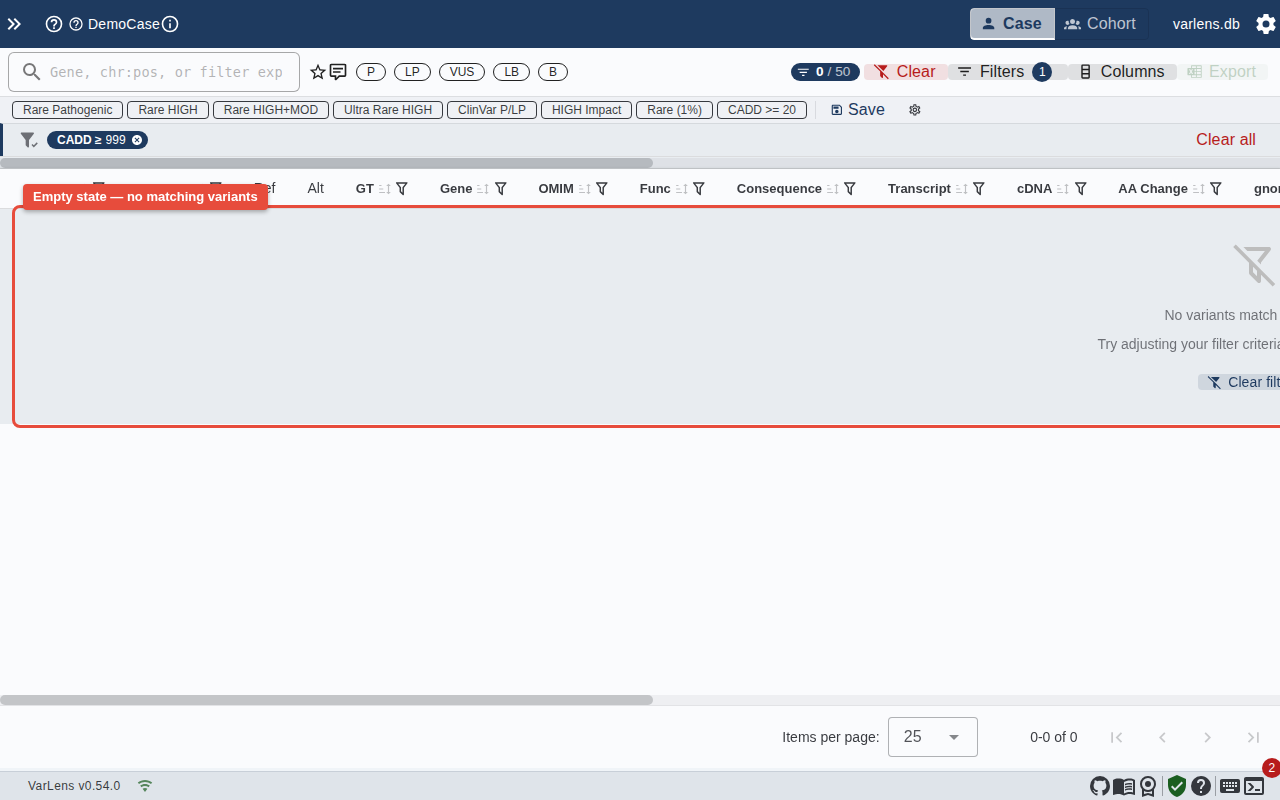Empty state when no variants match
