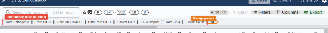 Preset bar with active and inactive presets