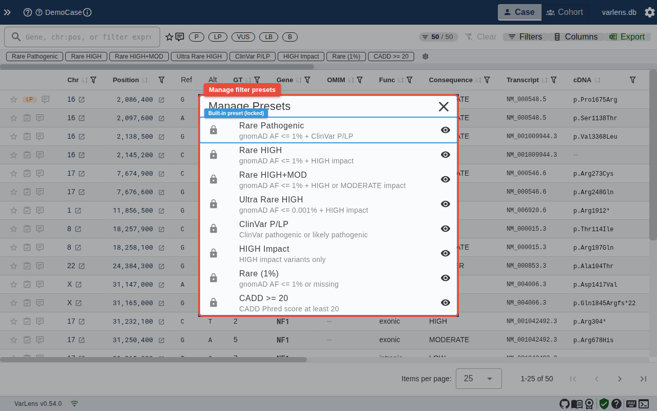 Manage presets dialog