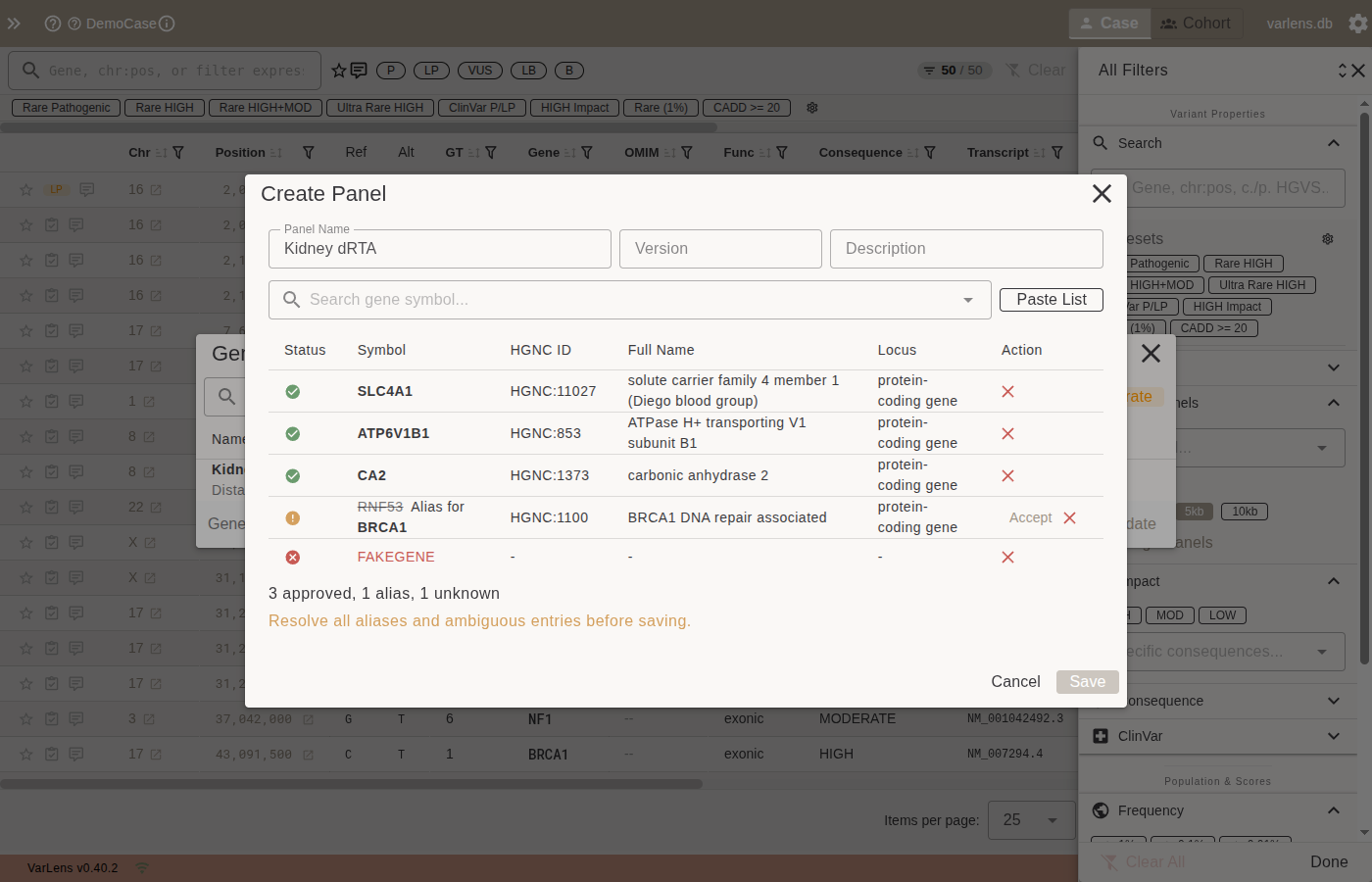 Panel editor with HGNC validation