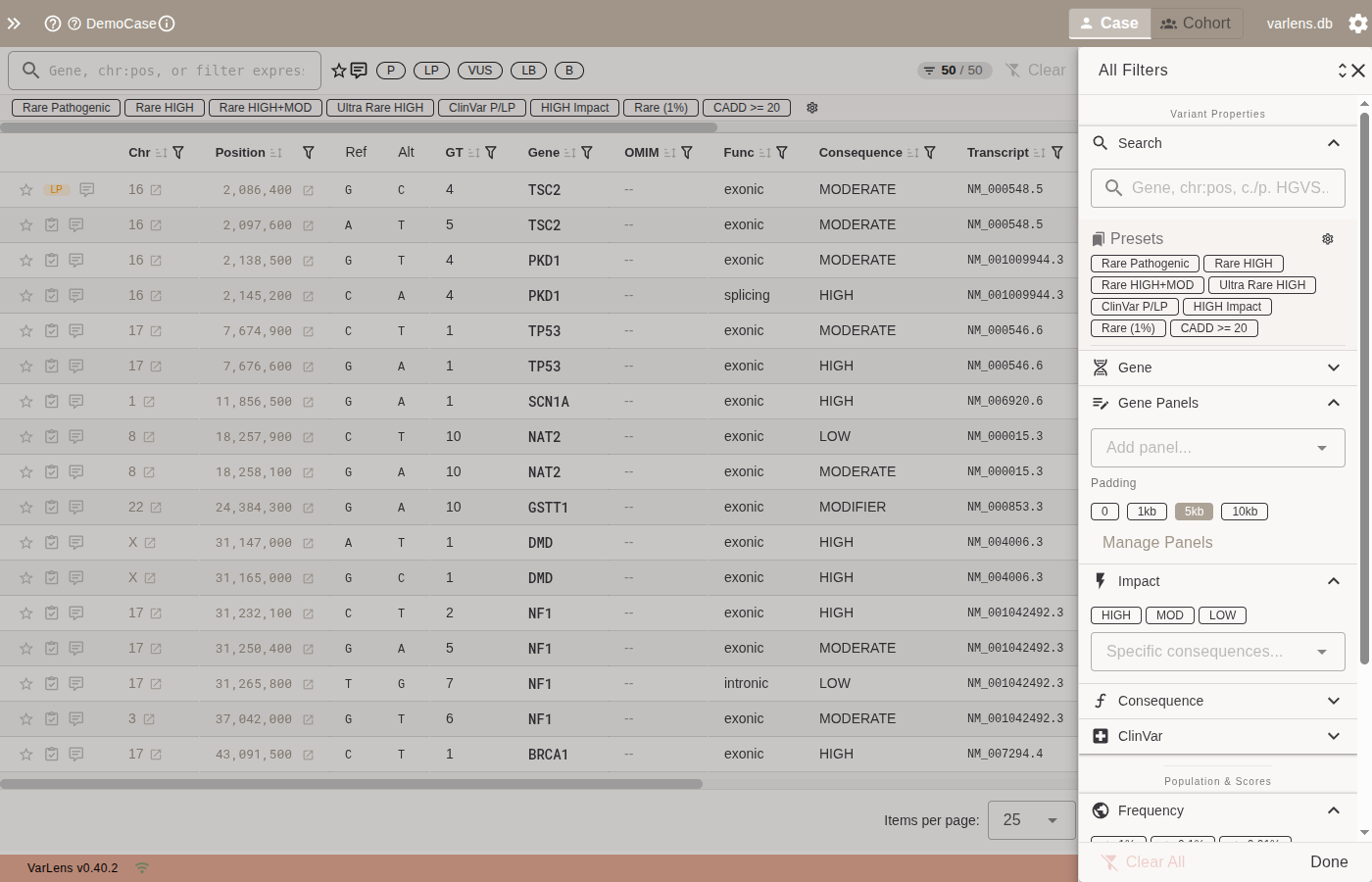 Gene Panels section in the filter drawer
