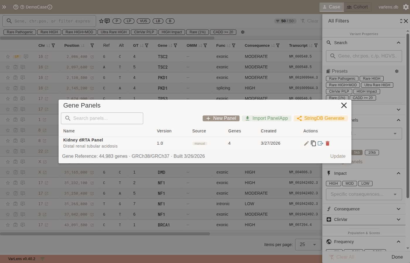 Gene Panels manager dialog