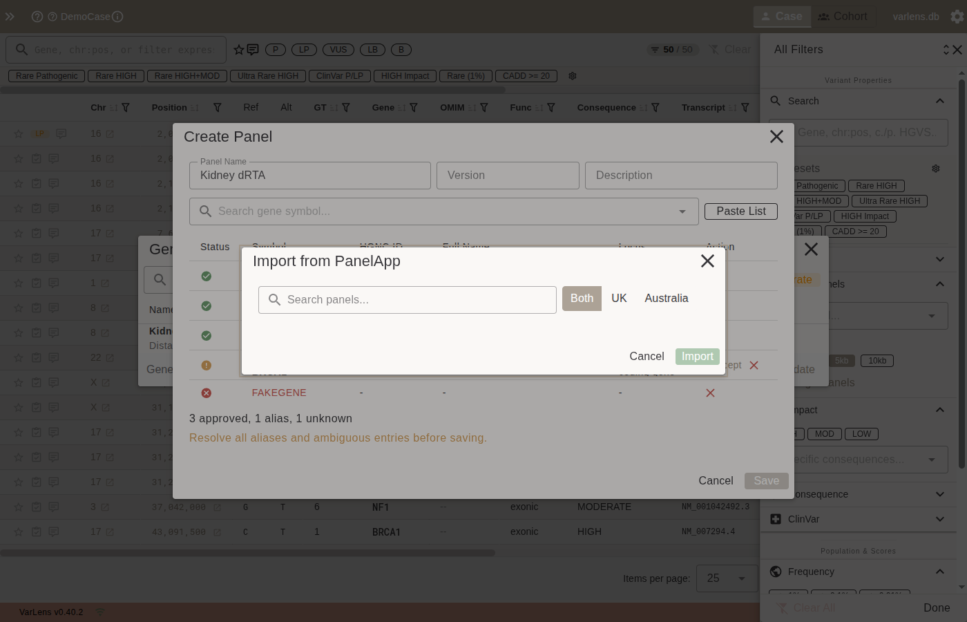 PanelApp import dialog