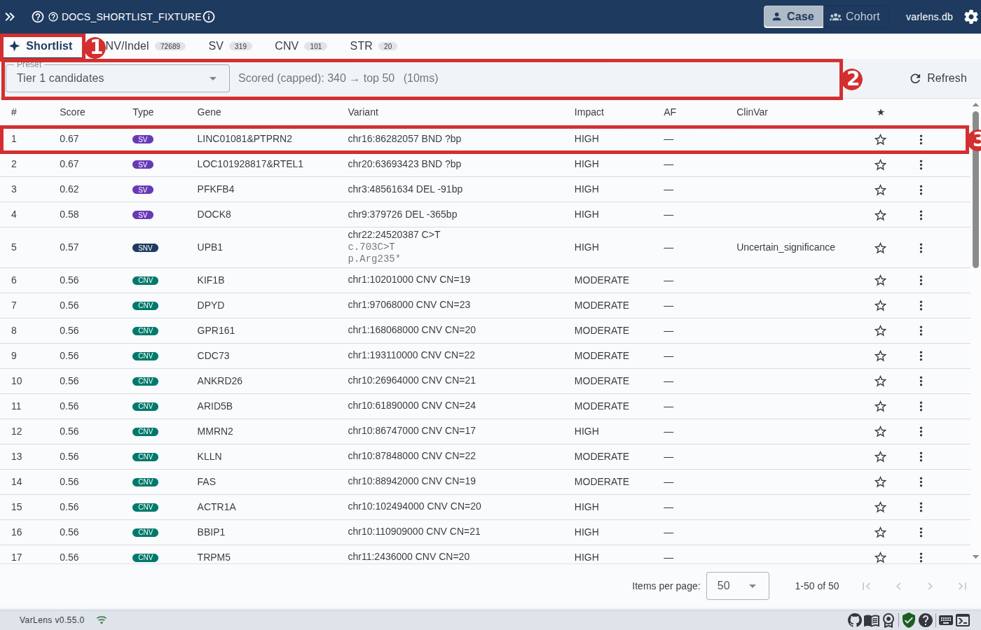 Shortlist tab in a case view, with three key regions highlighted