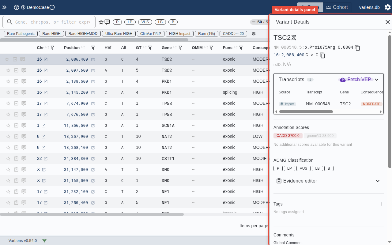 Variant details panel with identity, scores, and external links
