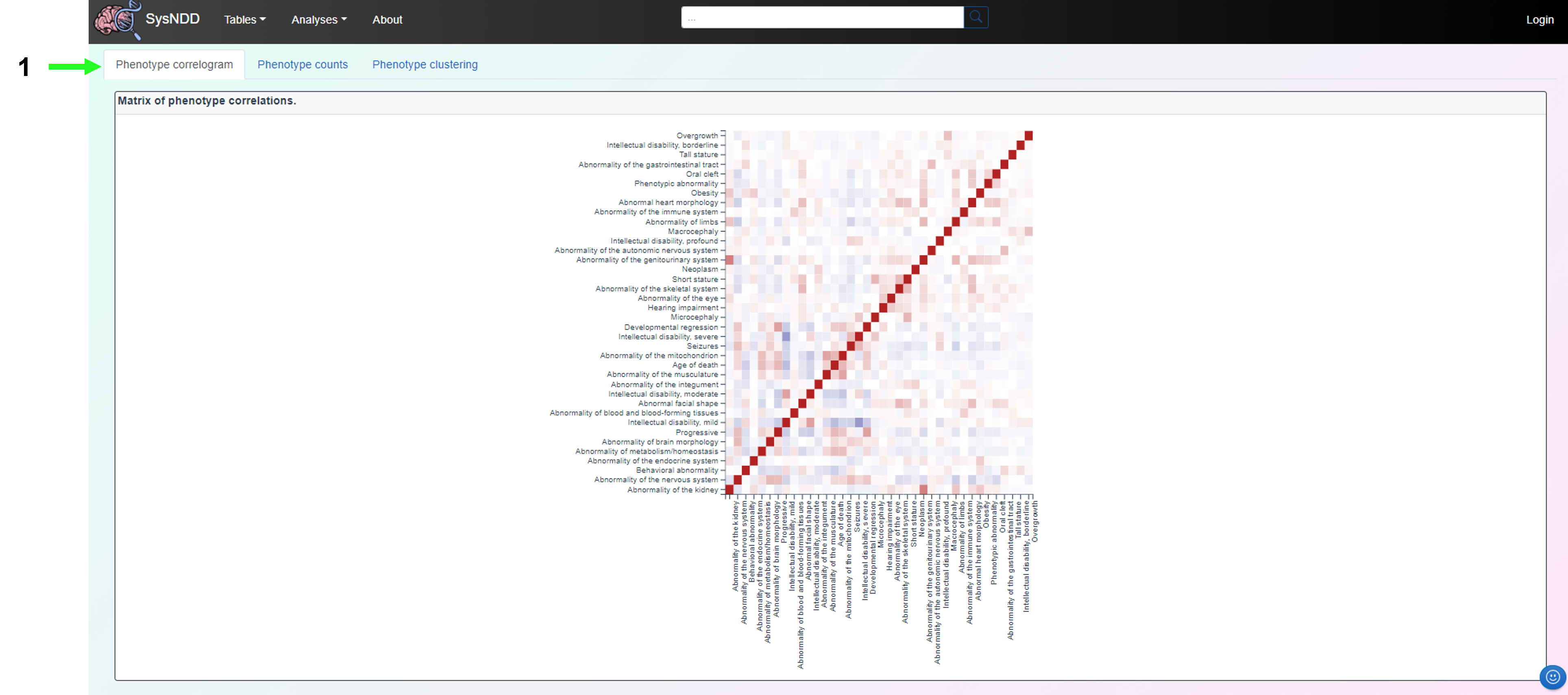 Correlate phenotypes view: Phenotype correlogram tab
